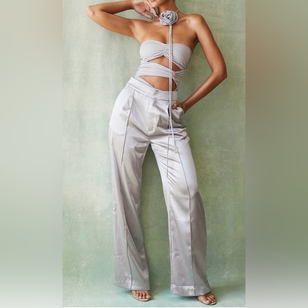 NWOT house of CB ALIVIA O GREY SATIN TROUSERS